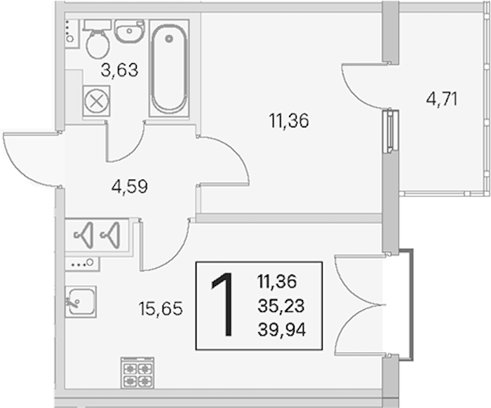 1-комнатная квартира 35.23 м², 3/4 эт., ЖК «Любоград в Стрельне»